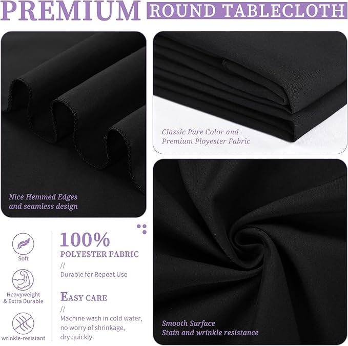 4 Pack Black Round Tablecloth 90 Inch Washable Polyester Tablecloths for Round Tables Stain Resistant and Wrinkle Table Cloth Decorative Fabric Table Cover for Dining Wedding Party Banquet Buffet