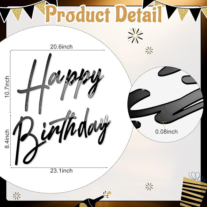 Yousoontic Happy Birthday Sign for Backdrop Large Happy Birthday Sticker Letter Acrylic Mirror Decal for Balloon Arch Wall Kpop Party, Peel Off Acrylic Film(23 x 20 Inches,Classic,Black)