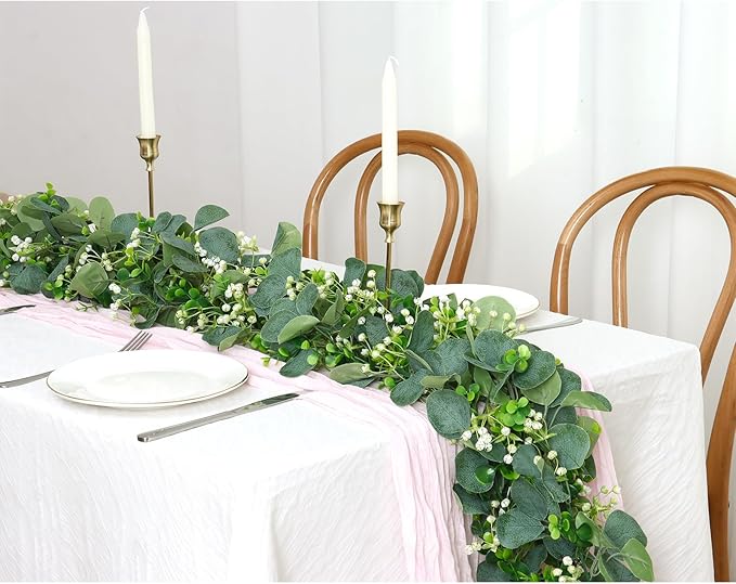SOMYTING Eucalyptus Garland, 2 Packs 5.9FT Greenery Garland with Gypsophila Flowers Artificial Faux Silver Dollar Eucalyptus Leaves Fake Vines for Indoor Outdoor Table Mantle Home Party Wedding Decor