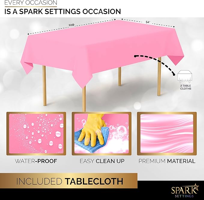 Pink Party Supplies Set Paper Plates Plastic Cups Forks Knives Spoons Napkins Tablecloth Serves 20 Guests Disposable Dinnerware Set of 222 Pieces, Complete Tableware for Party - By SparkSettings