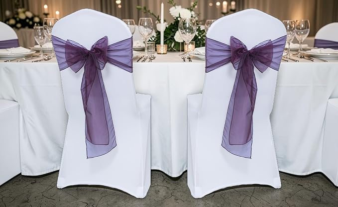MDS® Pack of 200 Organza Chair Sashes for Wedding Decoration, Reusable Sheer Chair Bows for Banquet Chair Cover, Reception, Bridal Shower, Baby Shower, Birthday Party & Special Events - Plum