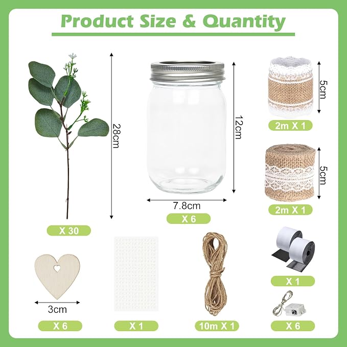 Cinrobiye 6 Sets Mason Jar Centerpieces with Eucalyptus & Lace Sleeve – Rustic Wedding Table Decor, Flower Centerpieces for Tables, Bridal Shower, Baby Shower, Engagement Party Decorations