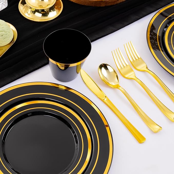 WELLIFE 450 PCS Black and Gold Disposable Dinnerware Set for 75 Guests, Plastic Plates for Party, Gold rimmed Dinner Salad Plates,Cups,Silverware Set for Halloween Party and Celebration