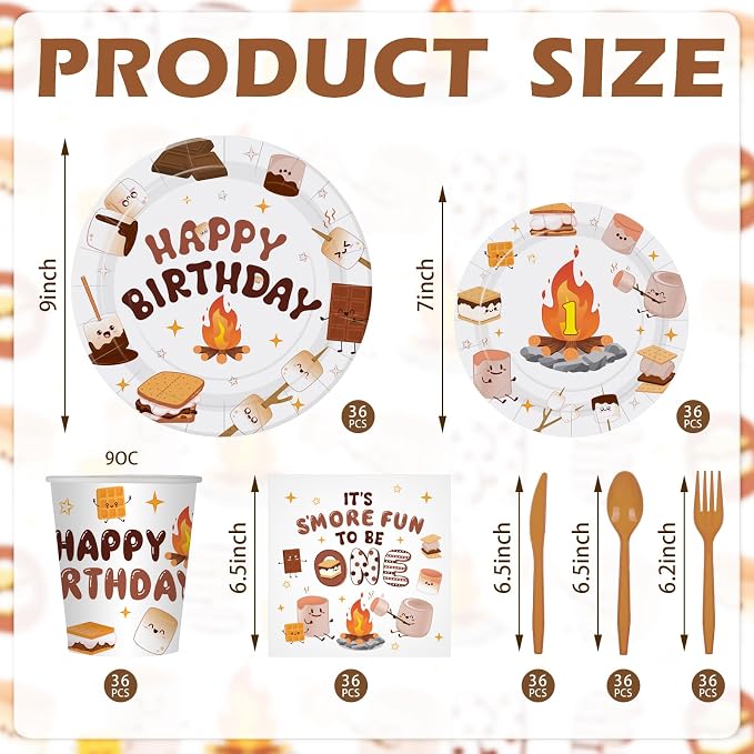 Yungyan 252 Pcs S'mores Camping Birthday Party Tableware Set Included Plates Napkins Cups Forks Knives Cutlery for Party Decorations Supplies 36 Guests