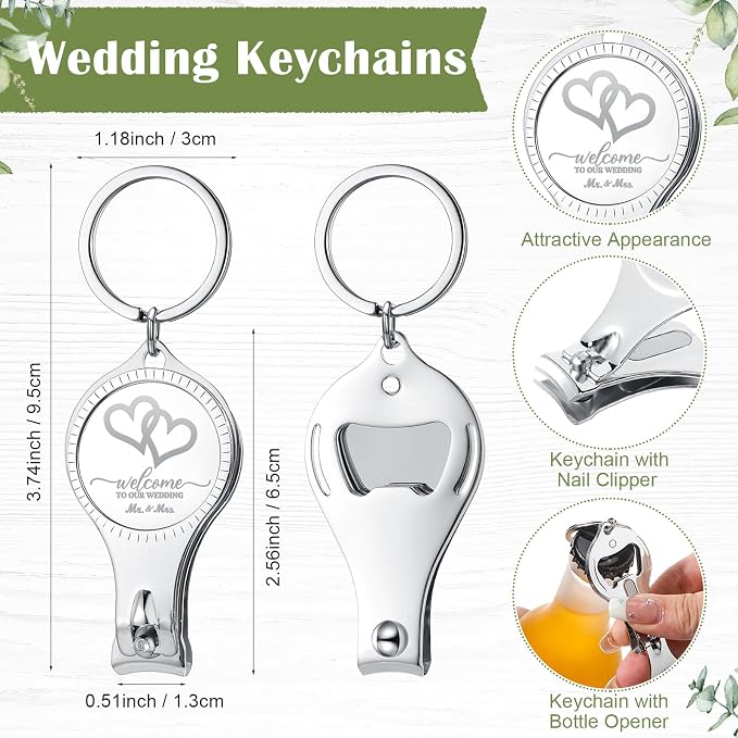 Fulmoon Wedding Multi Function Bottle Opener Nail Clipper Wedding Favors Brewery Cards White Organza Bags for Party Supplies Gift Souvenir Guests Men Women(25 Sets)