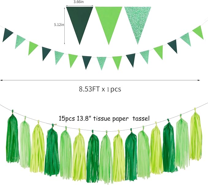 Green Party Decorations Tissue Pom-Poms - 23pcs St Patricks Day Paper Flowers Streamers,Spring Summer Wedding Engagement Tassel Garland Banner,Birthday Baby Bridal Shower Decor Ouruola