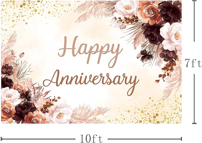 MEHOFOND Boho Happy Anniversary Backdrop Pink Floral Bohemia Pampas Grass Anniversary Banner Cheers to Marriage Wedding Party Decorations Memorial Portrait Photo Booth Background 10x7ft