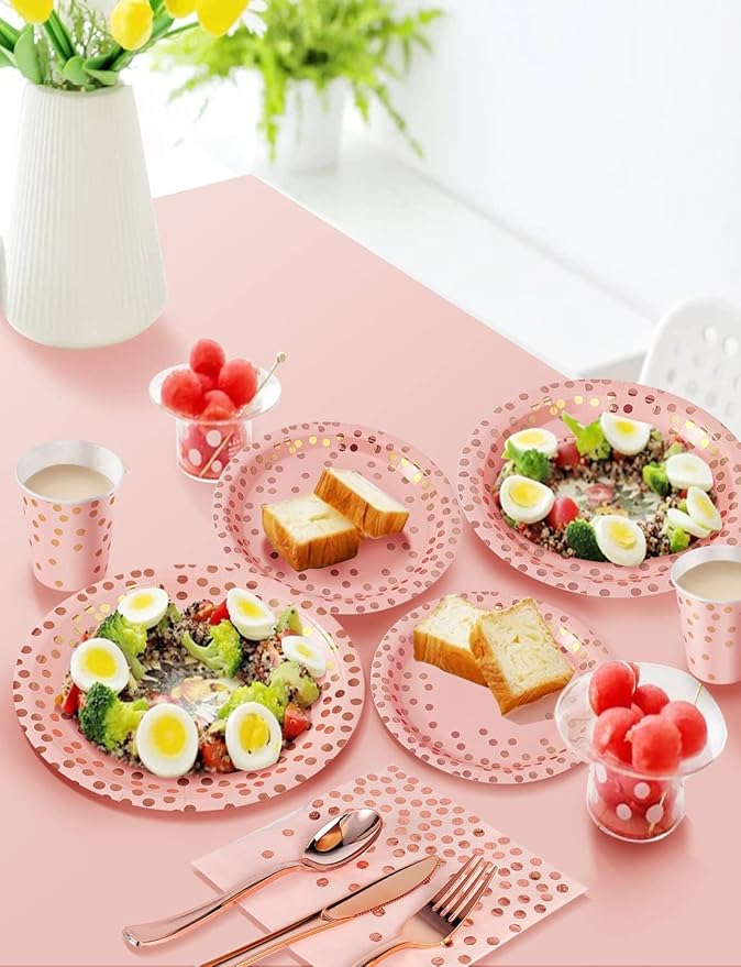 Nkaiso 141 Pieces Pink and Rose Gold Party Supplies, Disposable Party Decorations Sets Include Paper Plates Napkins Cups, Plastic Forks Knives Spoons, for Baby Shower Birthday Wedding -20 Guests