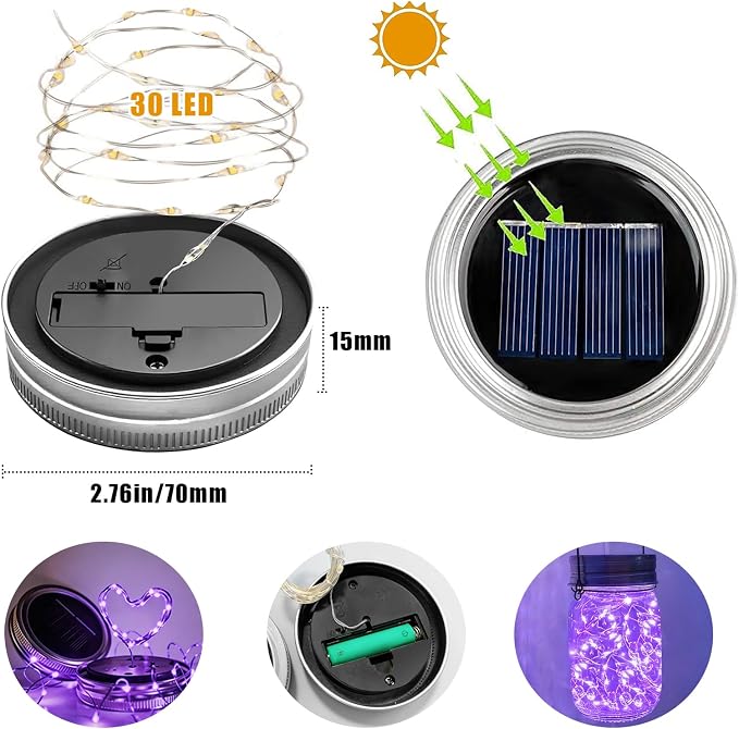Mason Jar Solar Lights 30 LED Outdoor Solar Firefly Lights,Solar Fairy Lids Lights（No Jars）,Waterproof Lantern Mason String Solar Lights with Hangers for Regular Mouth Jars (12pack-Purple)