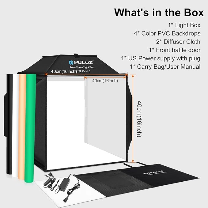 PULUZ 16x16 Inch Upgrade Photo Studio Light Box, Professional Dimmable Shooting Tent with 480 LED Lights & 4 PVC Backdrops, Portable Softbox for Jewelry, Small Product Photography