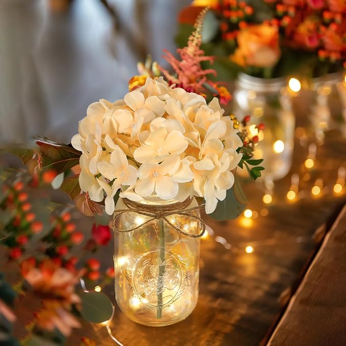 Set of 3 Mason Jar Lights, Champagne Hydrangea Holiday Table Decor | Farmhouse Table Centerpiece for Home Wedding Event Party Decor