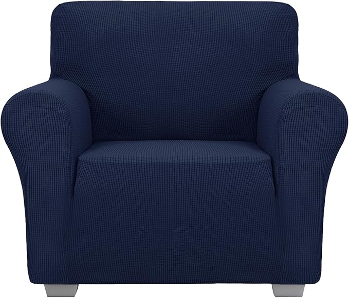JIVINER Super Stretch Chair Slipcovers with Arms 1-Piece Jacquard Small Checks Living Room Armchair Covers Soft Anti Slip Sofa Couch Furniture Protector for Kids Pets (Navy Blue, Chair)