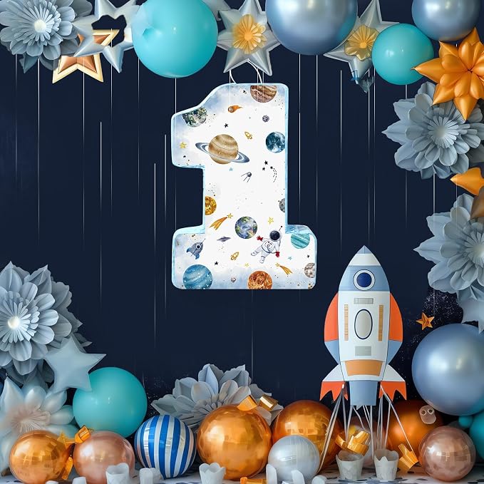 Blosssound Space Piñata Space 1st Birthday Party Decorations Supplies Number One Piñata Set with Stick Blindfold for Astronaut Planet Theme Birthday Baby Shower Celebration Decorations Supplies