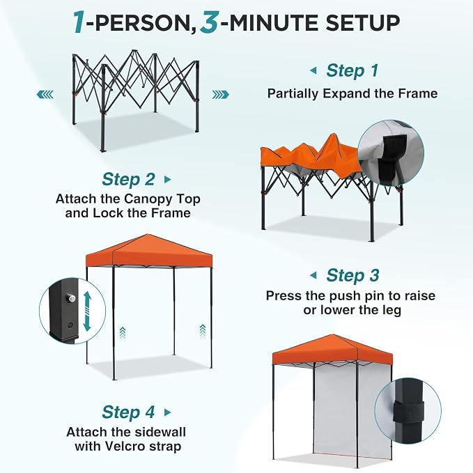 EAGLE PEAK 6x4 Instant Pop Up Canopy Tent with 1 Side Wall Panel, Straight Leg Sun Shelter, Portable Canopy with Carry Bag for Camping, Beach & Sports, Orange