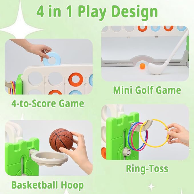 Giant 4-in-A Row Connect Game Set, Height Adjust Jumbo Yard Game for Kids & Adults w/Mesh Catching Bag, Basketball Hoop, Ring Toss & Mini Golf, Family Party 4-to-Score Indoor/Outdoor Games