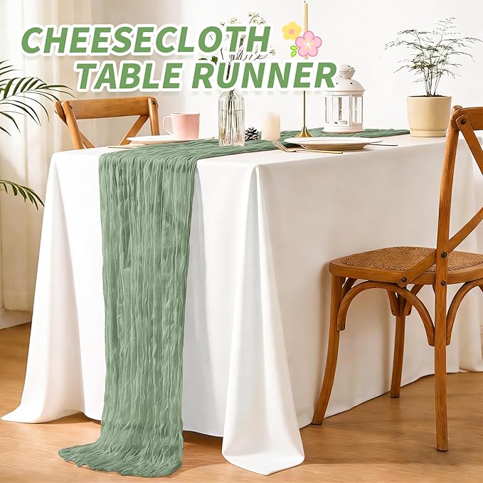 6 Pack Sage Green Table Runner, Cheesecloth Table Runner Long Romantic Semi Sheer Rustic Boho Gauze Table Runners for Wedding Bridal Shower Birthday Party Decorations(17.7×108 Inch)