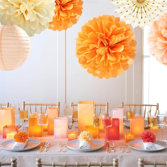 Beige-Orange Peach Fall Party-Decorations Paper-Lanterns- 14pcs Autumn Thanksgiving Harvest Birthday Boho Streamers Fan,Tissue Pom Poms, Baby Bridal Shower Wedding Engagement Decor Lasting Surprise
