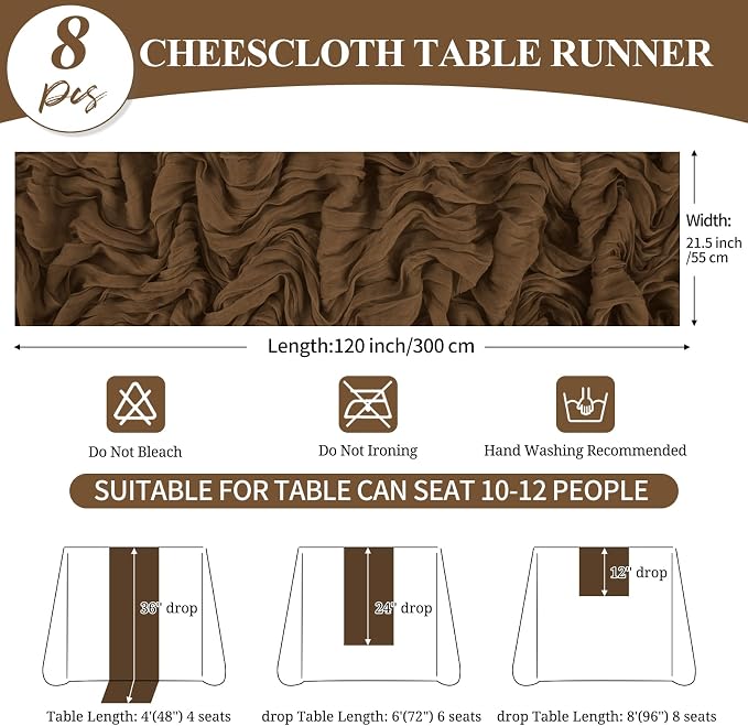 8 Pack 10Ft Cheesecloth Table Runner Brown, 20 x 120 Inch Rustic Gauze Boho Cheese Cloth Wedding Long Table Runner for Wedding Party Bridal Shower Decoration