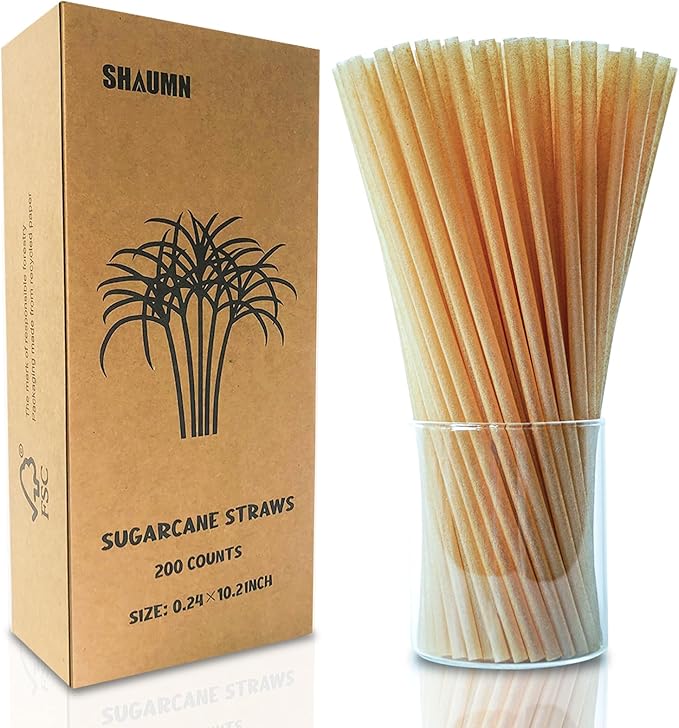 Biodegradable Sugarcane Straws 10.2 Inch Long Compostable Drinking Straws Bulk 200 Pcs A Sturdy Straws Works for Hot/Cold Drinks Not Soggy Alternative to Platic/Paper Ones