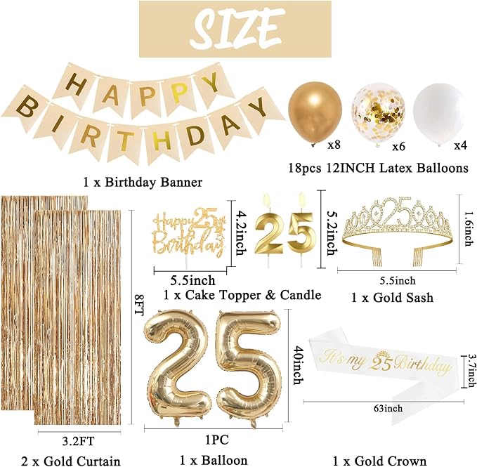 Trgowaul 25th Birthday Decorations for Women, Banner, Sash and Crown, Cake Topper, 25 Number Balloon, Fringe Curtains, Champagne Gold 25th Birthday Party Supplies