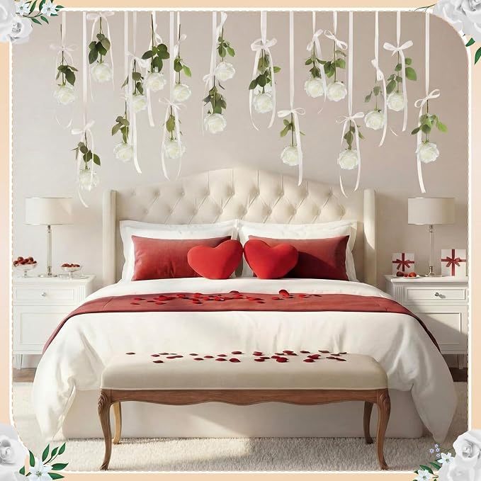 Sliner 25 Pcs Artificial Rose Flowers Hanging Decorations, Dangling Flowers Garland with Hooks Spring Party Decorations Hanging Flower Ceiling Decoration for Wedding Party Spring Home Birthday(White)