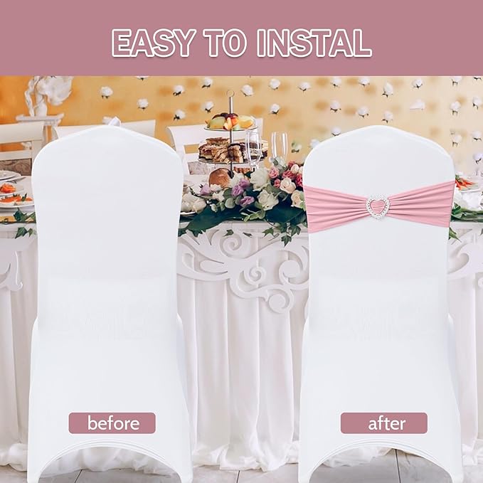 Howhic Pack of 60 Spandex Chair Sashes Bows ，Stretch Chair Cover Band with Buckle Slider Universal Elastic Ties for Wedding Banquet Party Event Decorations (Dusty Pink)