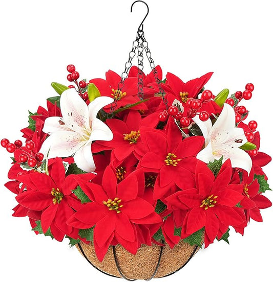 Artificial Hanging Flower with Basket for Outdoor Poinsettias Fake Hanging Flowers Uv Resistant for Winter Outside Front Porch Garden Patio Balcony Yard Decor