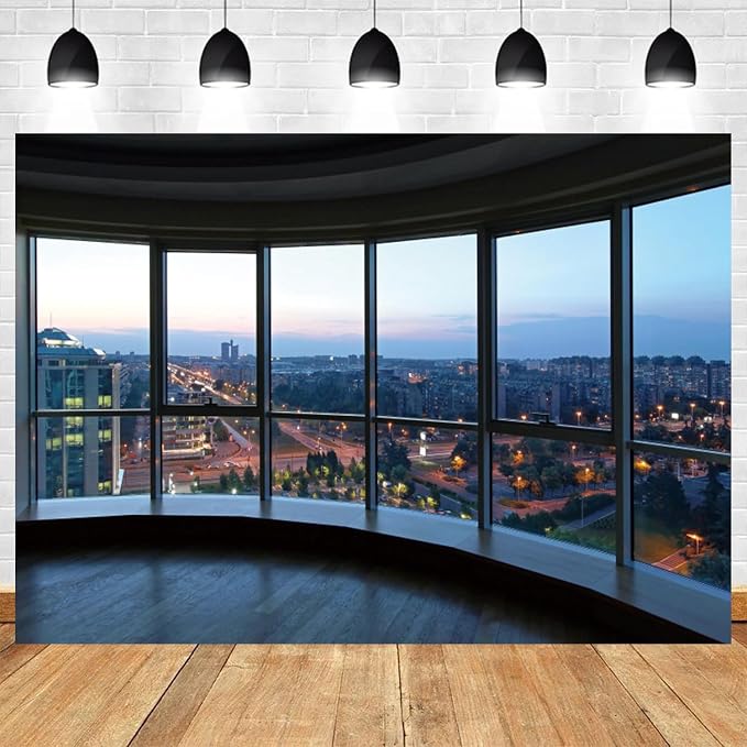 8x6ft Office Backdrop Window City View Photography Background Sunset Business Buildings Wooden Floor Online Meeting Urban Banner Decorations Video Conference Portrait Photo Booth Prop