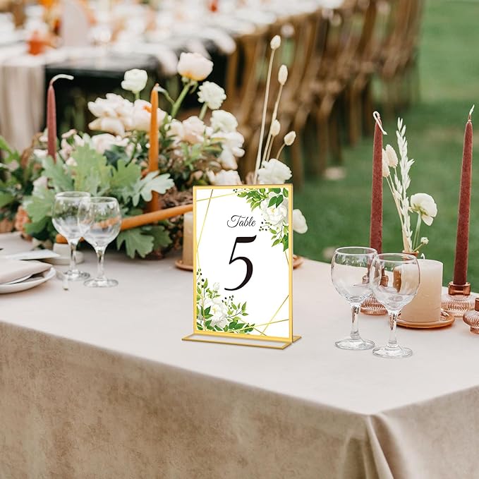 20 Pack Gold Acrylic Sign Holders 5x7 Inch, Double Sided Vertical Stand Clear Picture Frames, Table Menu Display Holders for Wedding Table Numbers, Restaurant Signs, Event and Office Photos