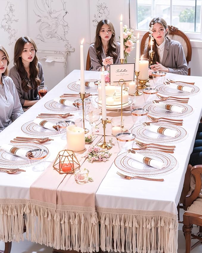 Ciaell 350PCS Rose Gold Plastic Plates - Clear Rose Gold Disposable Plates with Plastic Silverware include 100Plates, 150Silverware, 50Cups, 50Napkins for Wedding & Party & Mother's Day