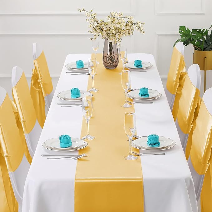 Horbaunal 24 Pack Yellow Gold Satin Table Runner 12 x 108 Inch, Smooth Table Runners for Wedding Banquets Birthday Party