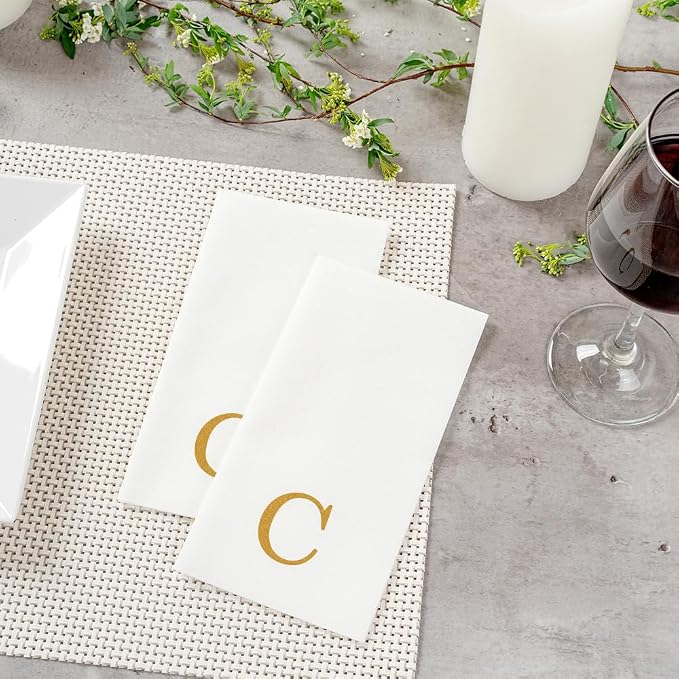 Luxenap 15.8 X 7.9 Inch Linen-Feel Guest Towels, 50 Lettered Hand Towels - Gold Letter 'C', Sans Serif Font, White Paper Dinner Napkins, airlaid, For Restrooms And Tables - Restaurantware