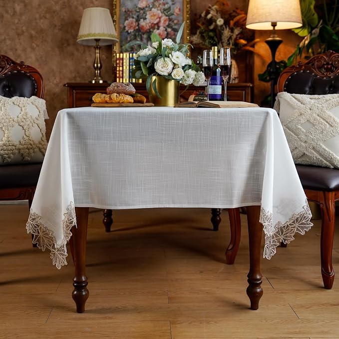 ARTABLE Lace Tablecloth Linen Fabric White Rectangle Table Cloth Fall Christmas Washable Table Cover for Kitchen Home Picnic Indoor Outdoor Camping Dining Decor (Offwhite, 60 x 84 Inch)