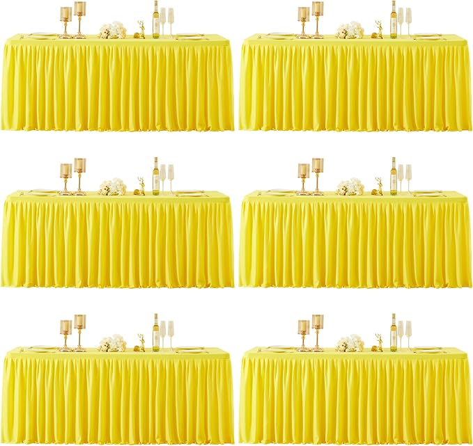6 Packs Yellow Polyester Tablecloths Rectangle Tables 6ft, Stretch Fitted Table Covers for 6 Foot Tables Wrinkle Free Rectangle Table Cloth with Skirt for Birthday Party Events Banquette Baby Shower