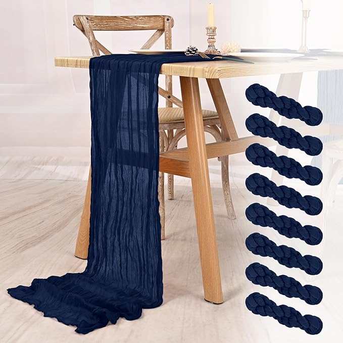 8 Pack Navy Blue Cheesecloth Table Runner 10FT Boho Gauze Cheese Cloth Table Runner Rustic Sheer Fabric Table Runners for Wedding Bridal Shower Baby Shower Party(21.5×120 Inch)