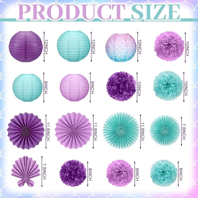 Soulchen 18 Pcs Mermaid Party Decor Purple and Green Paper Lanterns Set Ceiling Hanging Decorations Tissue Pom Poms Fans Decor for Mermaid Under the Sea Ocean Birthday Party Classroom Supplies