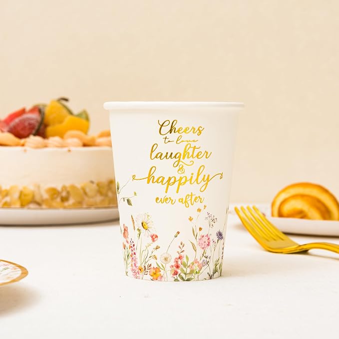 Crisky Bridal Shower Plates and Napkins Gold Cheers to Love Disposable Tableware Set of 24 for Engagement Bridal Shower Wedding Party Decorations (Plates, Napkin, Cups, Tablecloth, Knife & Fork)