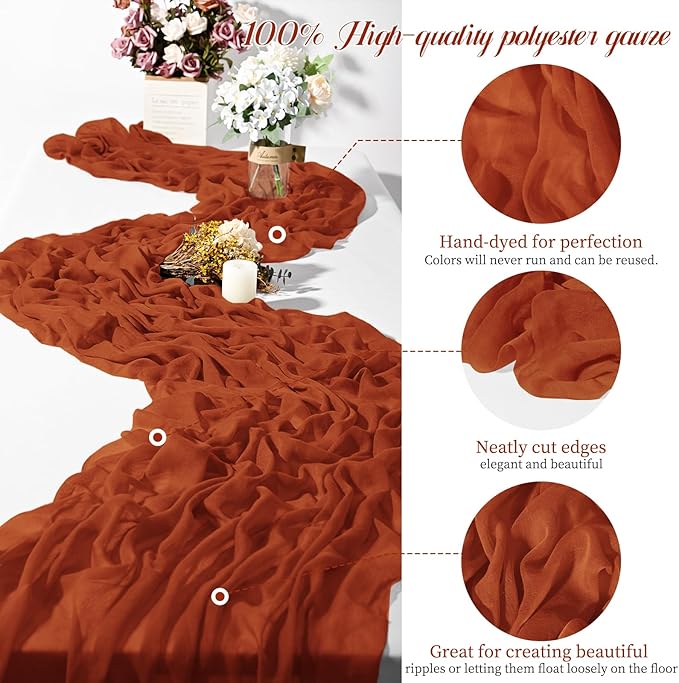 24 Packs Terracotta Cheesecloth Table Runner,10ft Rustic Gauze Boho Wedding Table Runner Decoration, Wedding Table Decor Sheer Table Runner for Wedding Party Bridal Shower Table