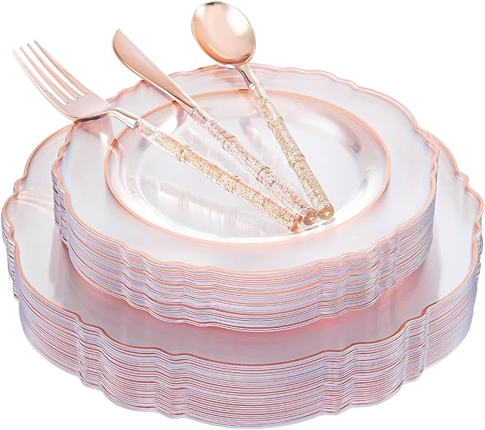 Liacere 150PCS Rose Gold Plastic Plates - Clear Rose Gold Disposable Plates with Glitter Bamboo Handle Cutlery - 60 Baroque Elegant Plates, 30 Forks, 30 Spoons, 30 Knives for Wedding ＆ Party