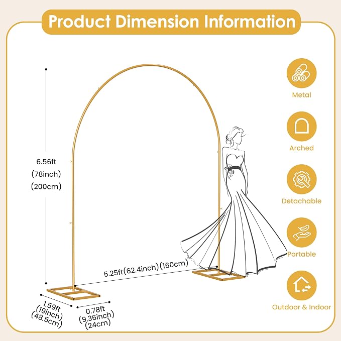 5.25 * 6.56 FT Metal Backdrop Frame Stand, Wedding Decor Flower Arbor Stand, Balloon Arch Backdrop, Golden