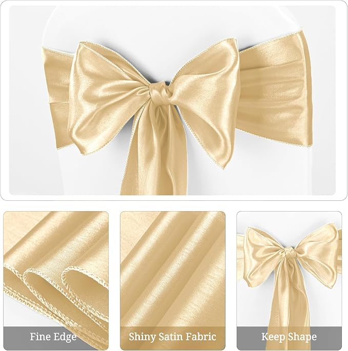 Pesonlook 60 PCS Champagne Satin Chair Sashes Bows Satin Sashes Universal Chair Cover for Wedding Reception Restaurant Event Decoration Banquet,Party,Hotel Event Decorations (7 x 108 inch)
