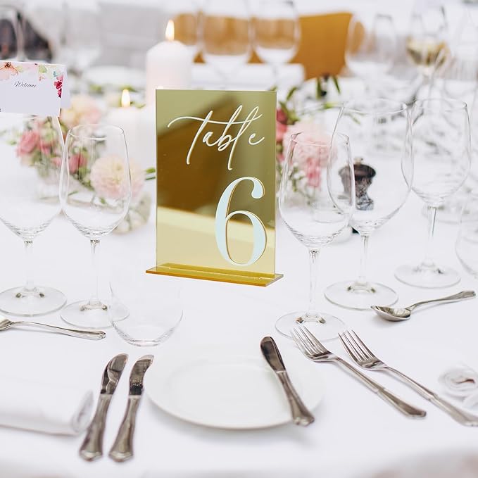 Acrylic Wedding Table Numbers 1-10 with Stands, 5"x7" Gold Mirror Acrylic Signs with 3D White Numbers, Gold Mirror Table Numbers for Wedding Reception, Anniversary, Event