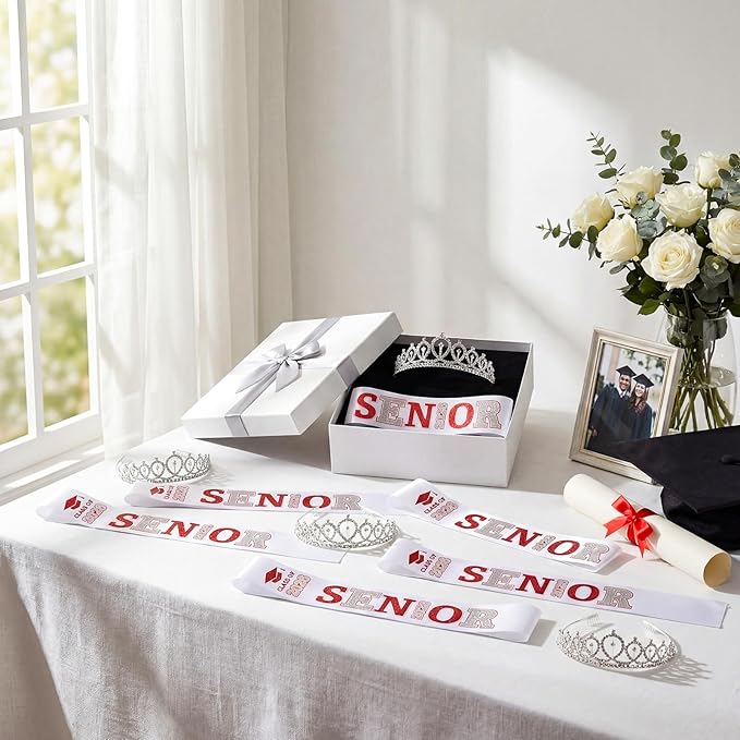 Janinka 6 Pcs Senior Sash 2026 Graduation Satin Sash with Glitter Letter Silver Crown Tiaras Cheer 2026 Gifts for Graduation Party Cheerleader Prom Photos Celebration(Red)