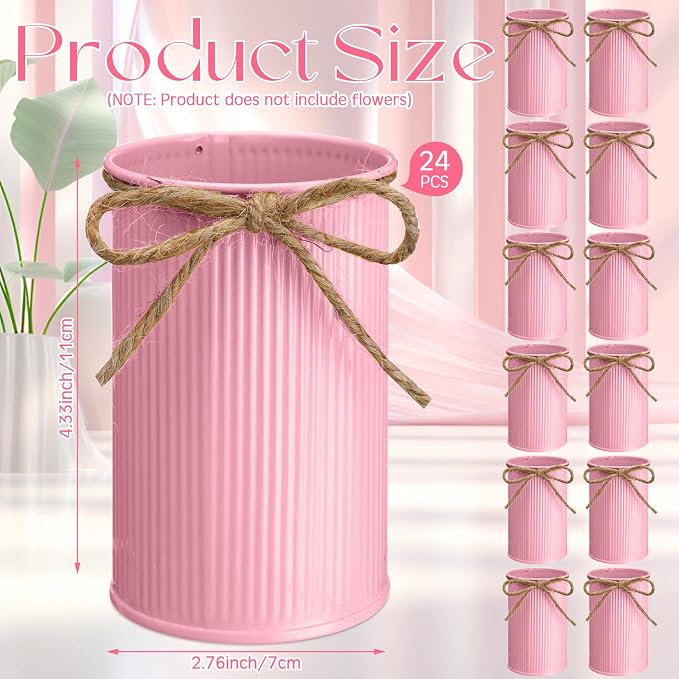 Rustic Vase for Table Centerpieces 4.33 Inch Small Petite Flower Vase with Twine Bow Vintage Farmhouse Decor for Wedding Reception Dining, Home Galvanized Metal Buckets(Pink,24 Pcs)