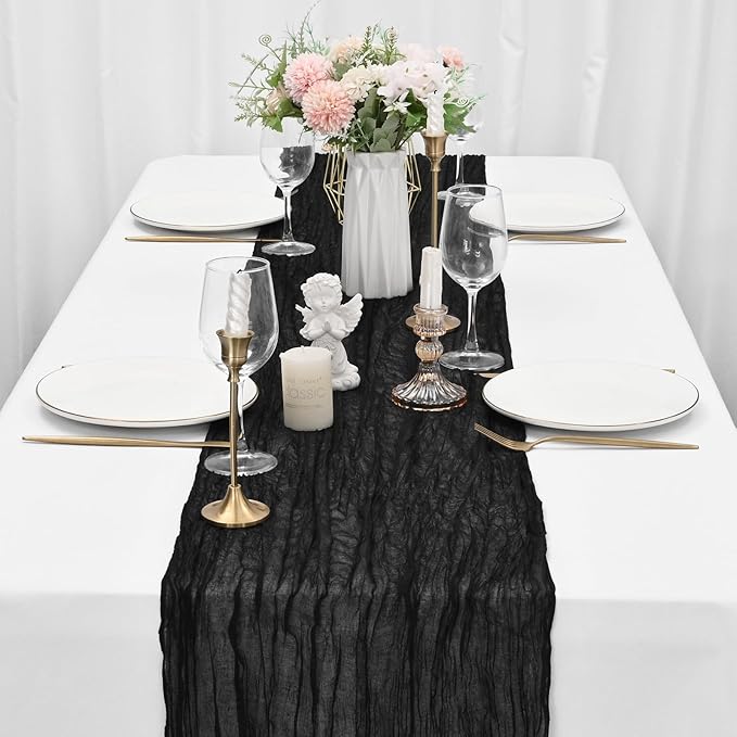 20 Pack Black Cheesecloth Table Runner 20 x 120 inch Boho Gauze Cheese Cloth Table Runner Vintage Rustic Romantic Sheer Runners for Wedding Bridal Shower Birthday Party Cake Table Decorations