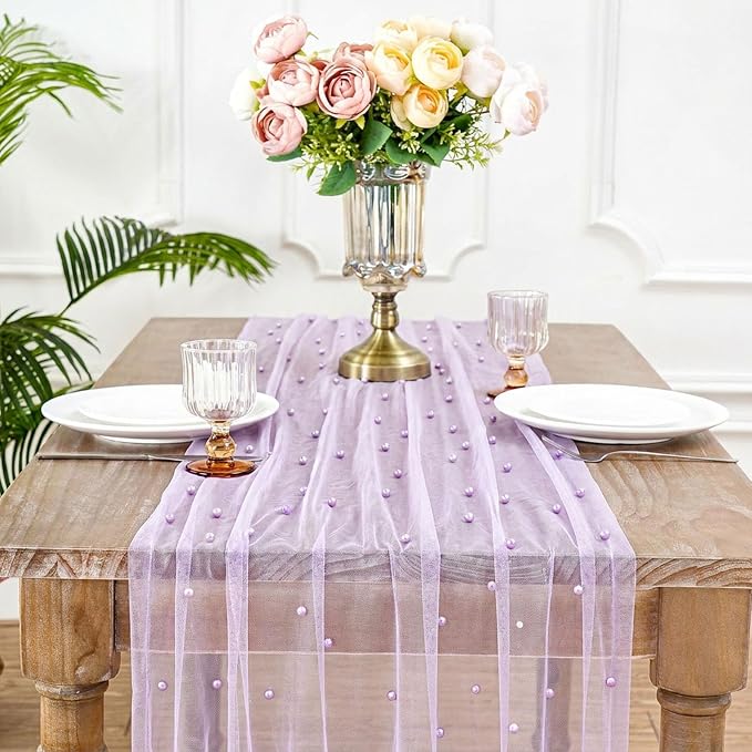 Sheer Gauze Pearl Table Runner Tulle Fabric: 10ft Seasonal Dessert Chiffon Pearl Lace Boho Overlay Wedding Veil Outdoor Wedding Aisle Runner Party Decorations Doilies Grayish Purple