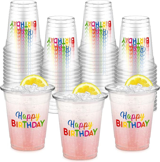 FoldTier 50 Pcs Happy Birthday Cups 12 oz Birthday Plastic Glasses Clear Disposable Cups Theme Drinking Glasses for Home Kitchen Theme Party Favors Supplies Decoration