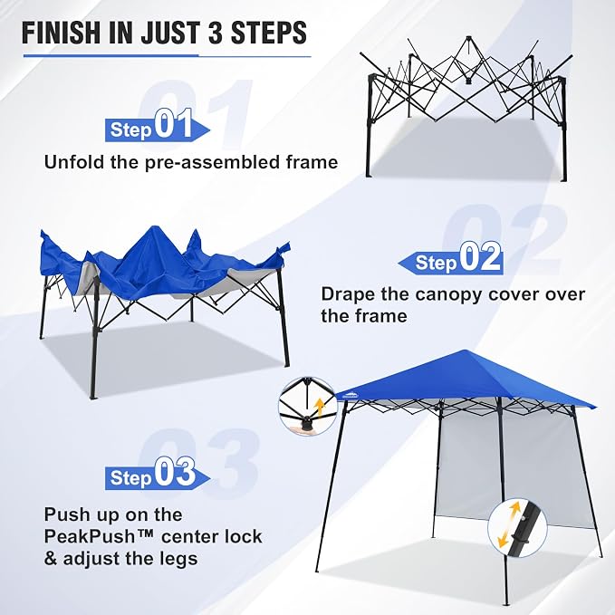 EAGLE PEAK 8x8 Pop Up Canopy Tent with Extended Eaves & Sidewall, Compact, Portable, Easy Setup Slant Leg Instant Shelter for Beach, Sports, & Camping, 8x8 Base 7x7 Top, Blue