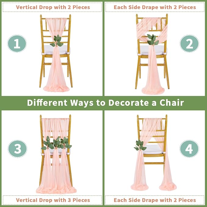 QueenDream Blush Sashes Wedding Decorations: 50PCS Tulle Chair Cover Bands Aisle Sheer Chair Bows for Birthday Party Banquet