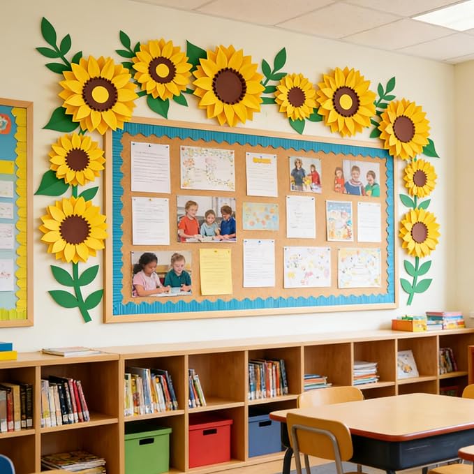 SUNBEAUTY Sunflower Paper Flower Decorations for Wall Giant Artificial Sunflowers Classroom Decor Spring Summer Bulletin Board Decoration Large 3D Paper Flowers Wall Decor for Wedding Baby Shower